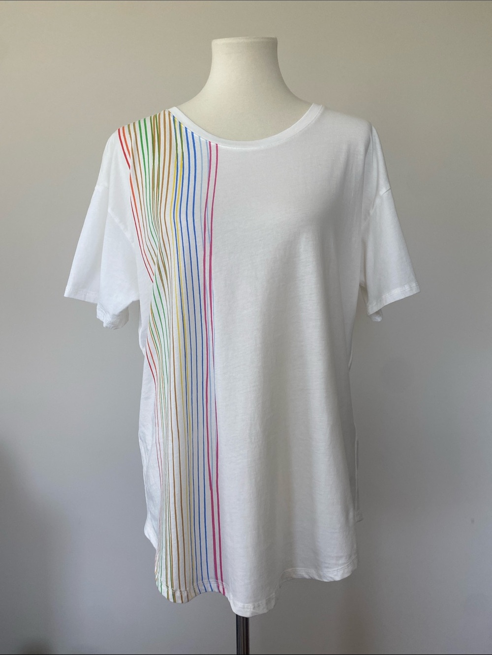 Anthropologie Creamy Tee with Vertical Rainbow Stripes